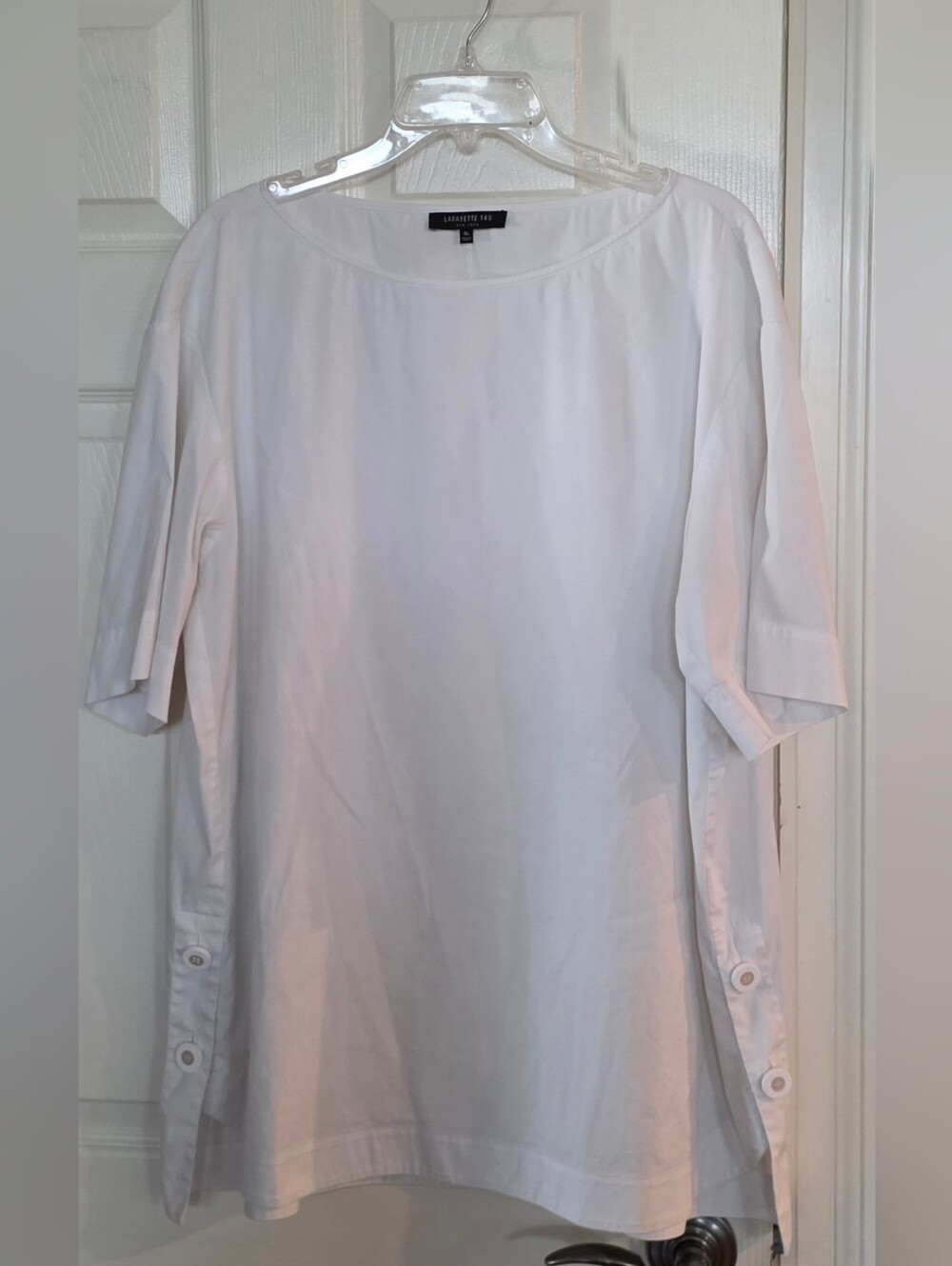Lafayette 148 New York White Short Sleeve Crewneck Button Side Slpit Tunic XL